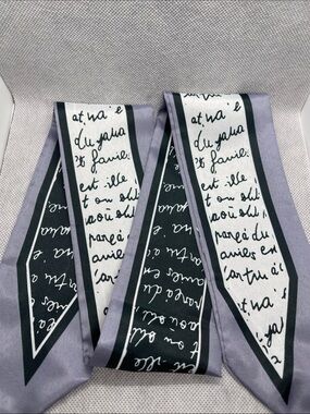 Silk Script Print Skinny Scarf in Lavender and Black